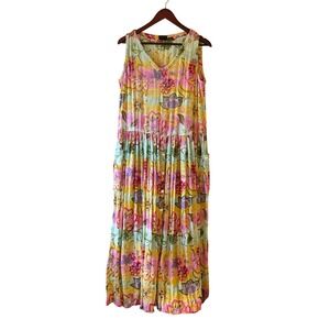 Vintage 90s crepe Women Floral Print Sleeveless Maxi Dress Button Front Pockets